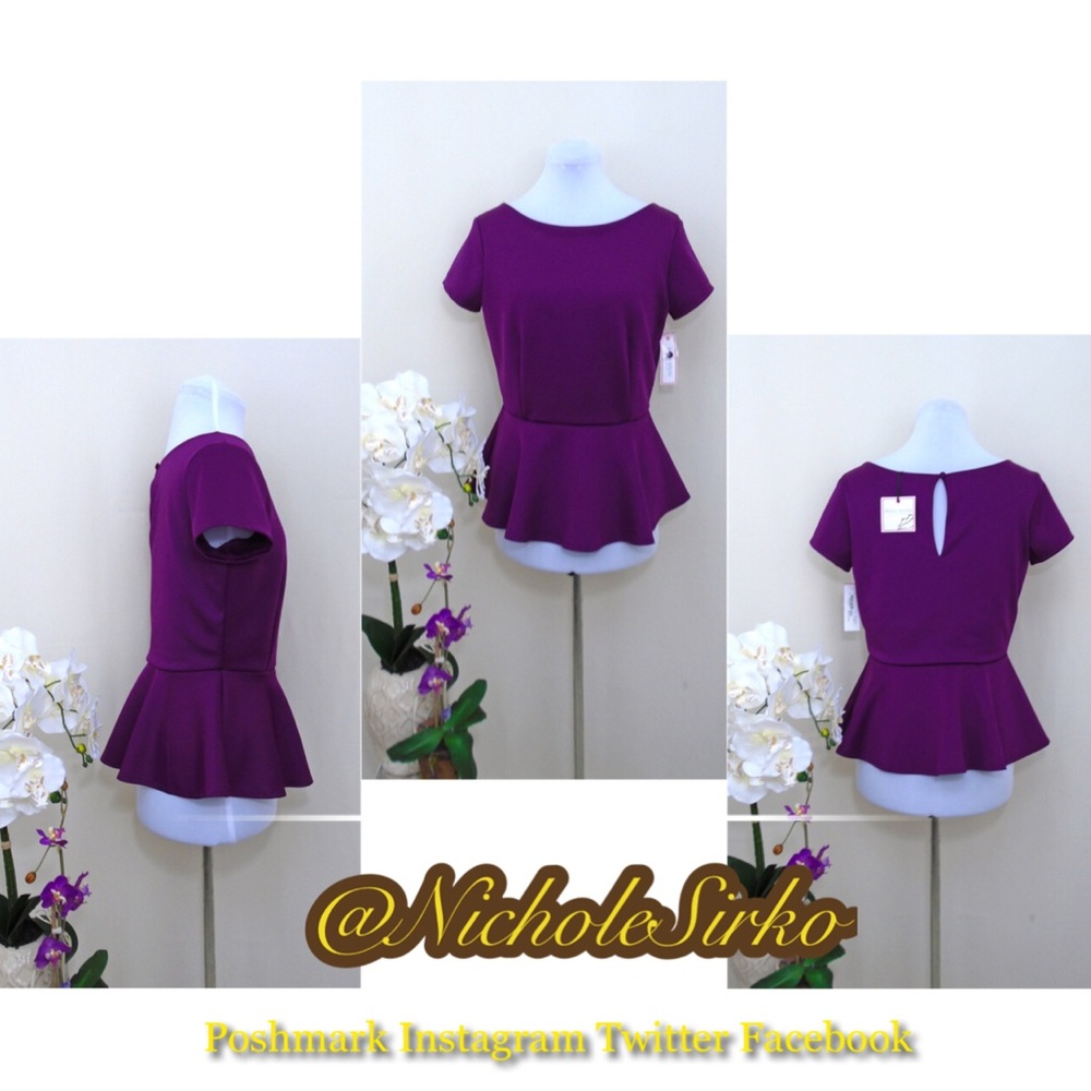 NWT “Bisou Bisou" Plum Purple Peplum Top. Size M.
